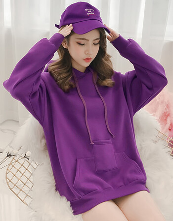 加绒加厚卫衣2018新款长袖连帽韩版潮宽松慵懒风超火上衣女装 深紫色