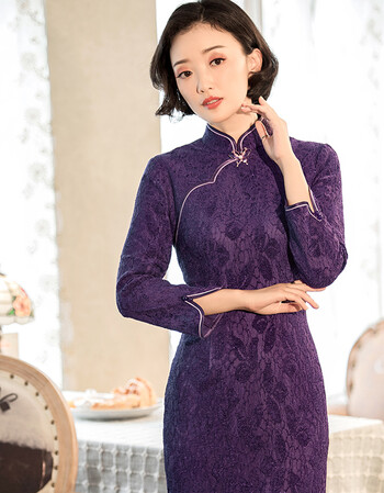 逸红颜秋冬新款优雅舒适蕾丝旗袍女长款加厚改良显瘦[末春] 紫色 xl