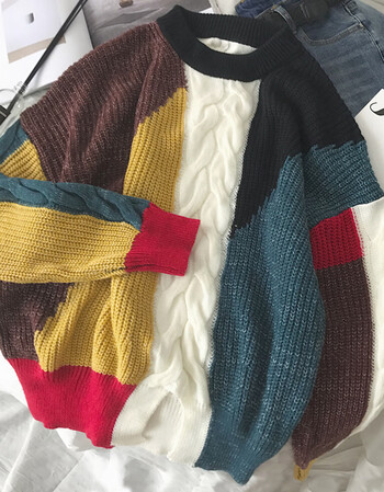 秋季时尚小清新毛衣男宽松彩色拼接毛线衣学生情侣装撞色针织衫潮 拼