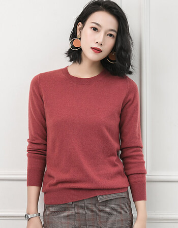 羊绒衫女短款纯色羊绒圆领修身品牌山羊绒毛衣秋冬打底新品 朱砂红