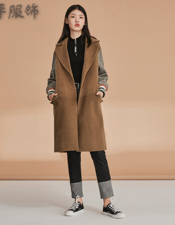 京东㊣ 爆〕 新品女装冬装新款韩版格子拼接袖毛呢大衣女中长款过膝