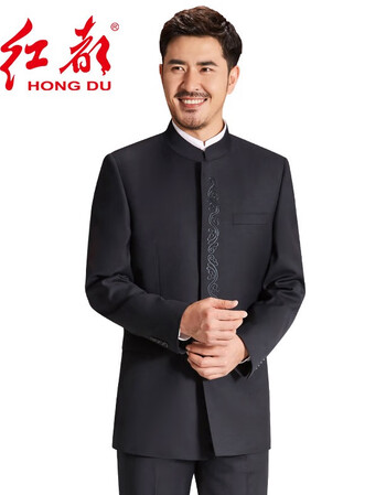 红都立领修身羊毛男士中山装套装中国风绣花商务中山装中式礼服 藏