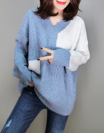 秋装女2018新款欧货潮时尚宽松中长款休闲毛衣针织衫 浅蓝色 毛衫 l