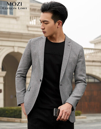 mozi男士千鸟格亚麻单西2019春季男装新款潮流韩版时尚修身休闲西服