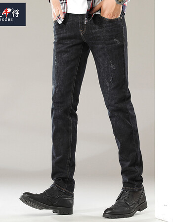 zengzhi增致牛仔裤男弹力牛仔小直筒长裤秋新品时尚刮烂蓝黑色牛仔裤
