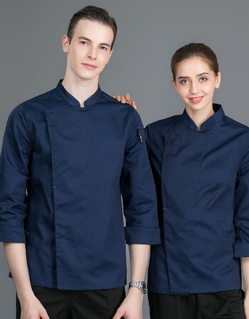 店厨师服长袖秋冬装饭店夏装短袖中袖厨房工作服厨衣 藏蓝色 m