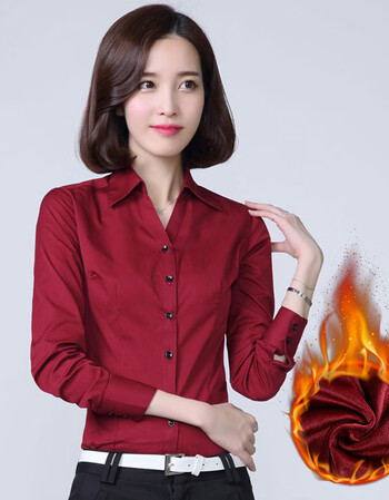 秋冬白衬衫女职业长袖公务员面试白色v领加绒加厚保暖棉正装衬衣 酒