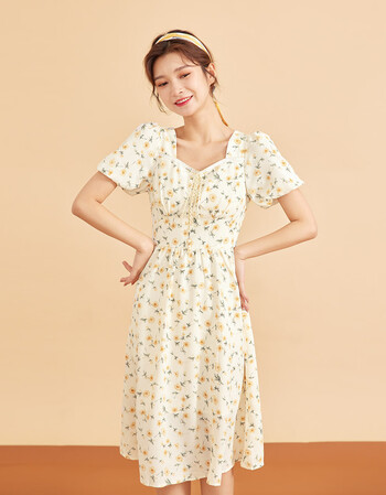 ief爱依服连衣裙2021夏季新款潮法式气质方领仙女风碎花收腰长裙2705