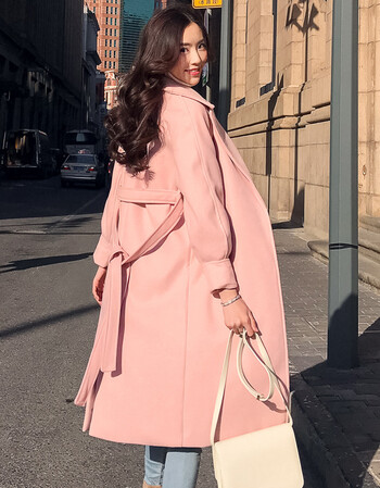 毛呢外套赫本2018秋冬新款大衣中长款流行加厚呢大衣宽松fcx 粉色 xs