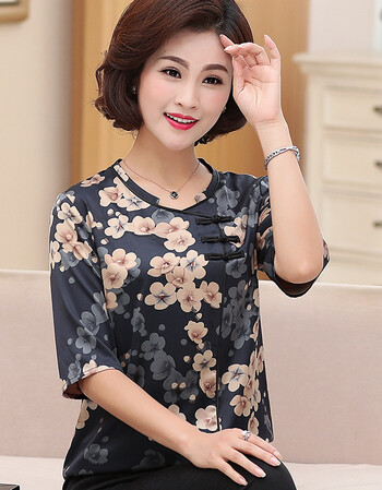 『京东好店』2019新款中年妈妈夏装短袖印花上衣 中老年女装春夏宽松