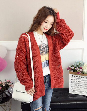 毛衣外套女春秋宽松韩版慵懒风开衫秋装2018新款粗毛线针织衫 砖红色
