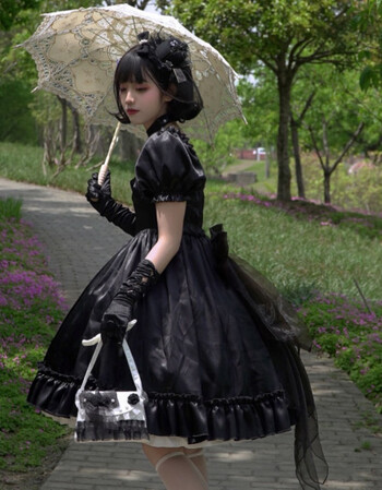 oiuo明莱少女法式优雅公主蝴蝶结白菜连衣裙洛丽塔lolita3005黑色xs