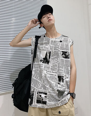 凡迪时尚2020夏季新款男大码印花圆领花色背心港风报纸图案白色m