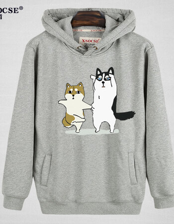 狗头印花套头连帽卫衣男加绒加厚加大码学生外套潮胖帽衫 灰色神烦狗