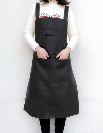 黑色 pu三口袋背带围裙