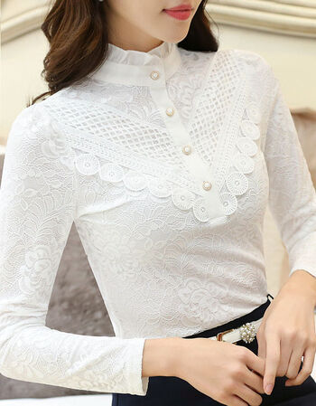 加绒加厚蕾丝打底衫女秋冬新款女装韩版长袖高领百搭保暖上衣白色加