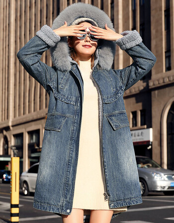 韩版连帽牛仔棉衣外套女中长款狐狸大毛领牛仔棉服羊羔毛加绒加厚