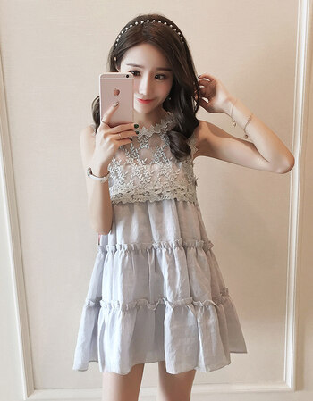 裙子女装夏季百褶背心裙大码时尚2019新款无袖蕾丝拼接雪纺连衣裙t 浅