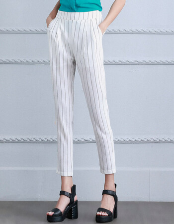 黑白竖条纹哈伦裤9分小脚裤女夏显瘦条纹九分裤女夏女裤夏西装裤 白色