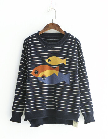 129-0249时尚百搭秋季新款女式圆领条纹鱼针织衫套头宽松毛衣上衣