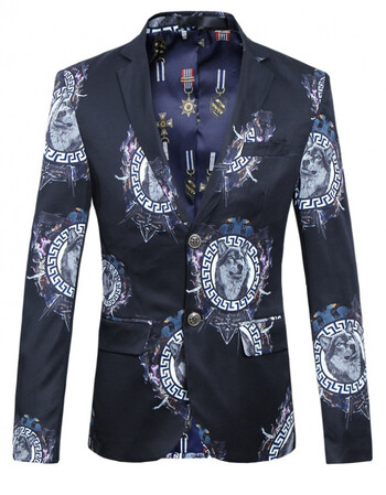 大码狼头印花西服男韩版修身便服单西 ebay西装外套男 黑色 l