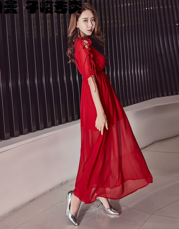 夏装长裙修身露肩雪纺连衣裙橡筋收腰女装裙子 暗红色 s