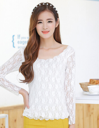 长袖t恤女修身蕾丝上衣春秋装2017新款外穿潮韩版秋衣百搭打底衫 白色