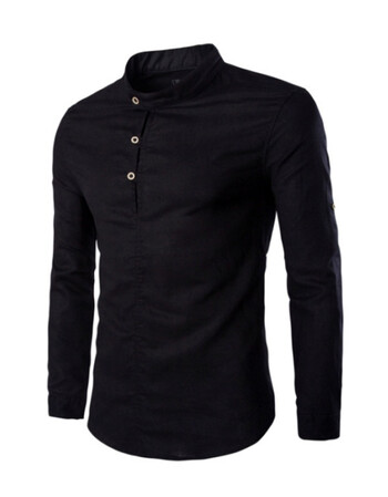 男士长袖立领休闲衬衫打底衬衣男装长袖时尚衫纯色衬衫 黑色 m