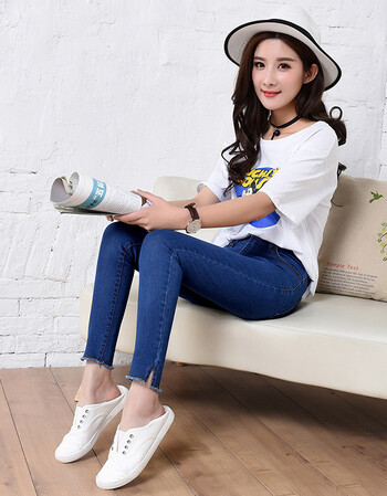 韩版胖mm加大码小脚女士铅笔裤子潮 九分脚边开叉款深蓝 31码腰围2尺4