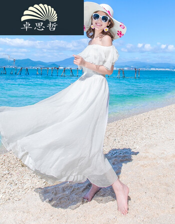 旅游海边雪纺连衣裙抹胸一字领露肩度假沙滩裙白色长裙泰国海滩裙