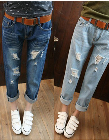 【女装免邮】雷莎迪韩版宽松破洞牛仔裤女哈伦垮九分乞丐学生裤子潮