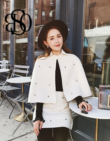 bso香港潮牌秋冬新款铆钉羊毛双面呢斗篷披肩外套女白色半身裙两件套