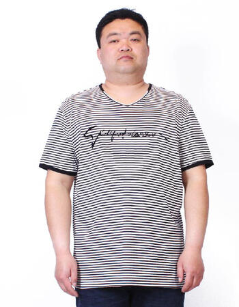 v领条纹弹力加肥加大号t恤 宽松胖子男装 黑色 3xl/190(180斤)