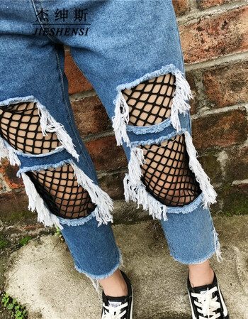 杰绅斯秋冬宽松破洞鱼网牛仔裤九分裤新潮乞丐裤 蓝色 xl