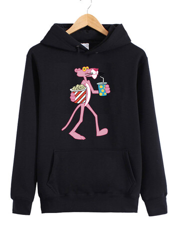 新款潮粉红豹套头连帽卫衣女韩版学生bf宽松加绒情侣外套 黑色b款连帽