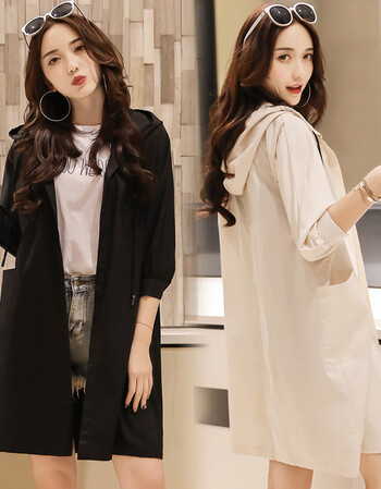 2017年秋季新款女装韩版时尚连帽中长款长袖百搭气质潮流宽松风衣
