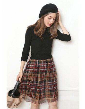 女装 连衣裙 轻写(kosz) snidel vivi小嶋阳菜三千金波浪边领拼接格纹