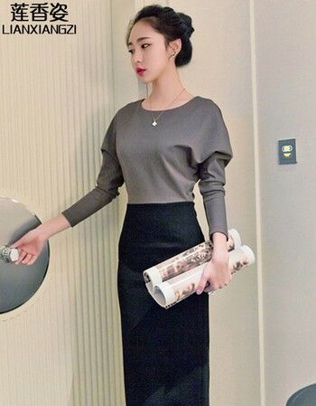 莲香姿 韩版女装优雅气质OL蝙蝠袖上衣加一字步半身裙  D14 上灰下黑 L