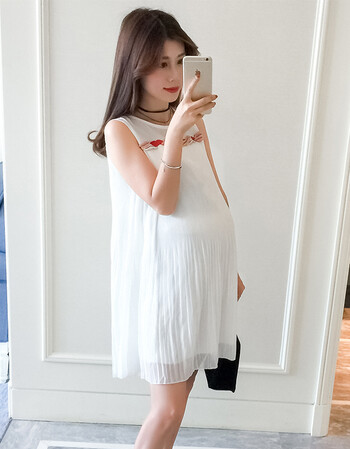孕妇装夏装新款孕妇裙子时尚孕妇连衣裙韩版宽松无袖百褶雪纺裙 白色