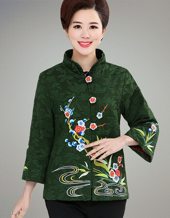 衣服中老年女装奶奶套装老年人秋装女607080岁民族风 梅花外套绿色 xl