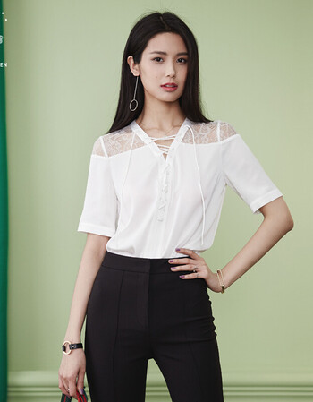 范思蓝恩 蕾丝白衬衫女短袖拼接宽松镂空透视衬衣韩范上衣绑带v领