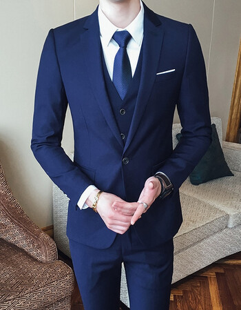 套装男士三件套修身职业商务正装西装男休闲韩版新郎结婚礼服 蓝色