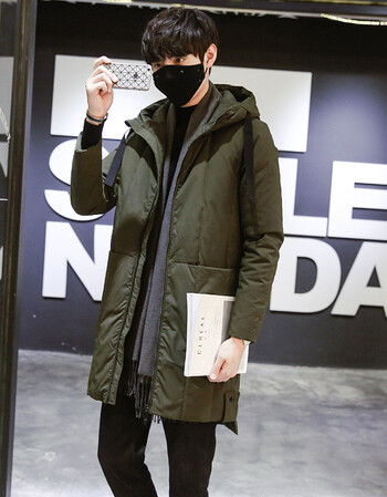2017冬季羽绒服男青年韩版中长款羽绒衣潮男保暖连帽羽绒外套男 军绿