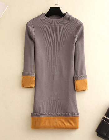 加绒毛衣女冬季加厚保暖中长款长袖修身套头针织衫打底衫春装 灰藕色