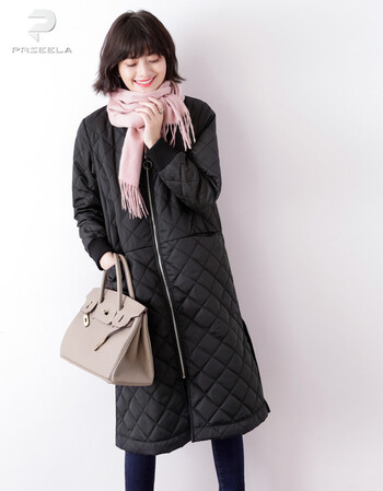 prseela官方帅出新高度下摆侧开叉中长款黑色菱格棉衣棒球服外套棉服