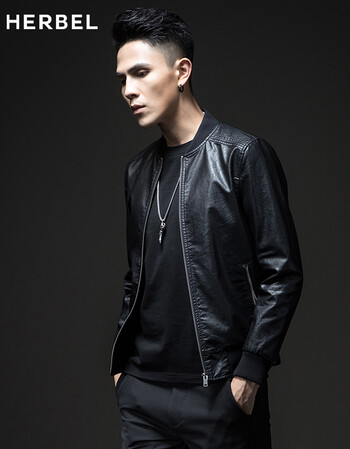 herbel男士外套新款皮夹克男韩版休闲修身帅气男装春秋青年棒球服7l64