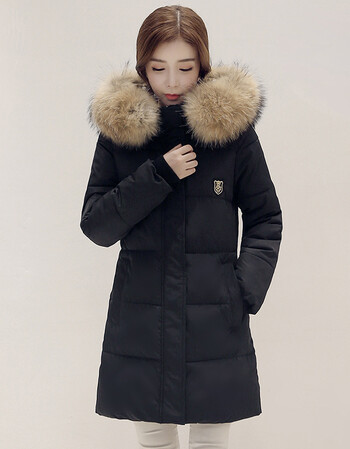 时尚大毛领加厚外套袄子中款棉衣女冬装a字棉服收腰显瘦羽绒棉袄 黑色