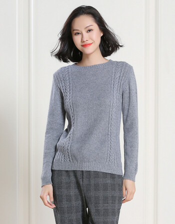 圆领羊绒衫女韩版菠萝针麻花毛衣短款纯色宽松针织衫新款毛衫 灰色 l