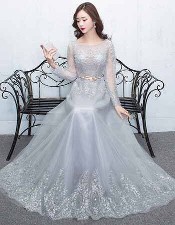 灰色晚礼服女新款长款长袖亮片宴会高贵优雅公主公司年会冬季 灰色 l