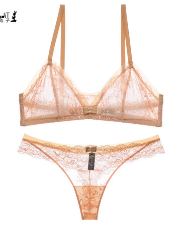 法式bralette透明文胸套装薄款聚拢性感蕾丝女士大码无钢圈内衣 粉红
